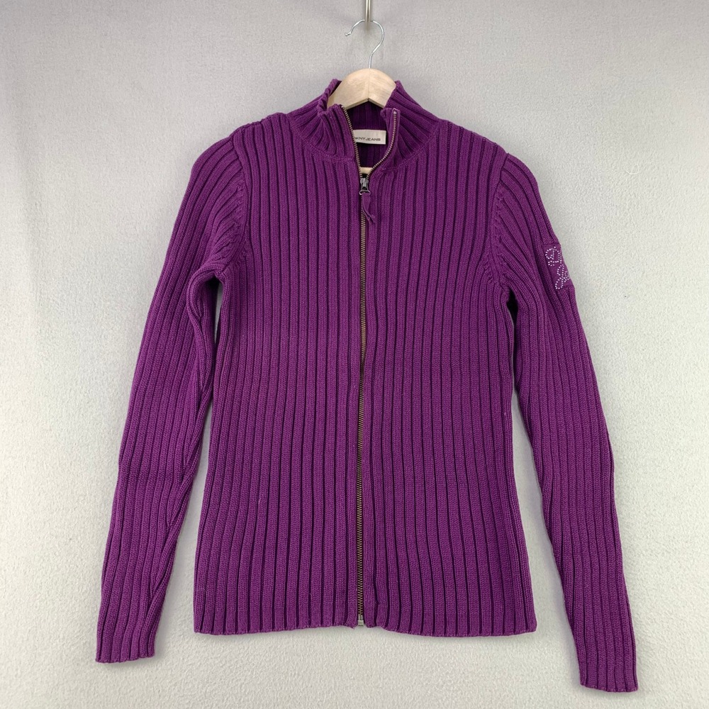 Y2K DKNY Jeans Full Zip Ribbed Cardigan Women M Purple Rhinestone Logo Sweater